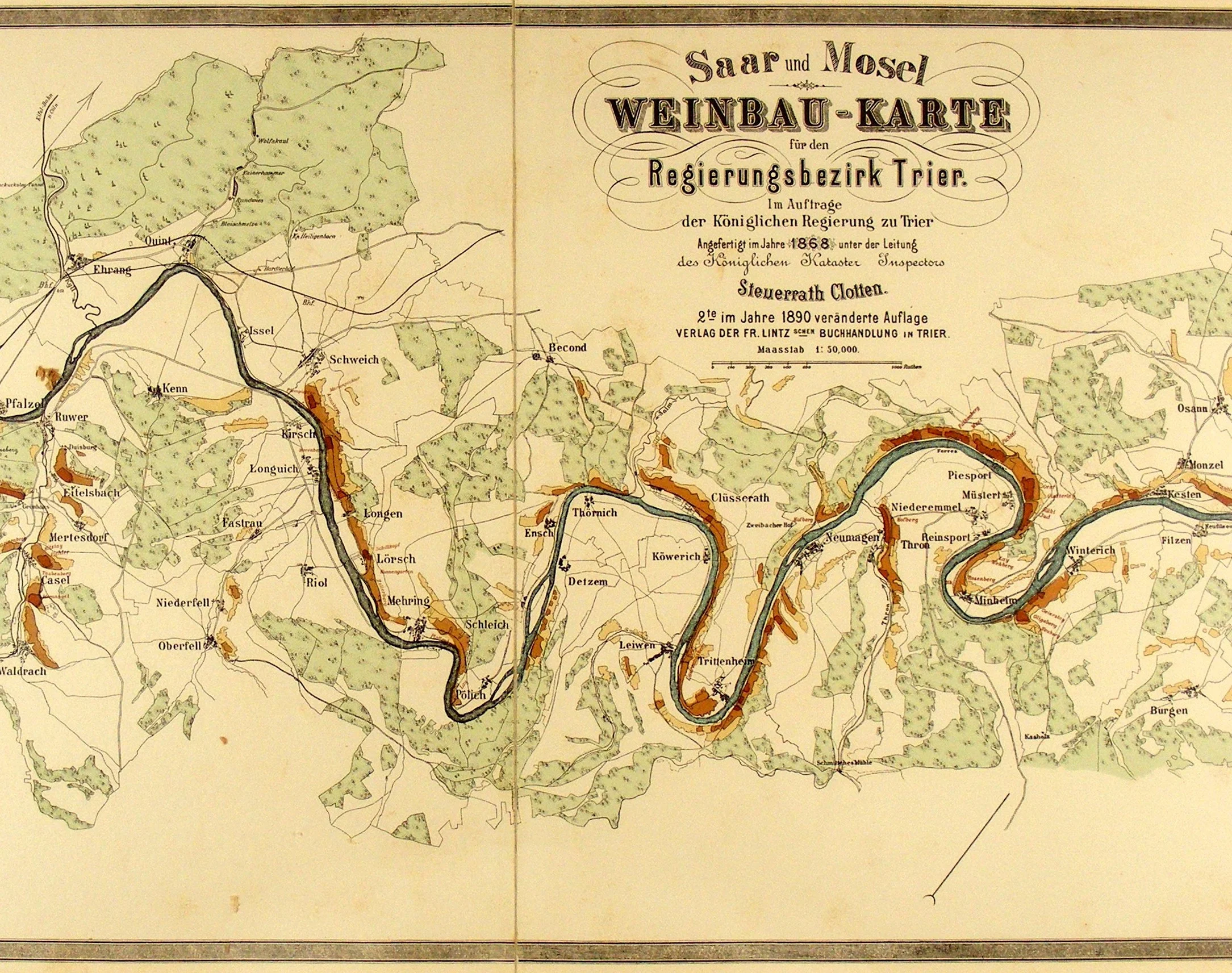 Old map tracing the Mosel and Saar Rivers.