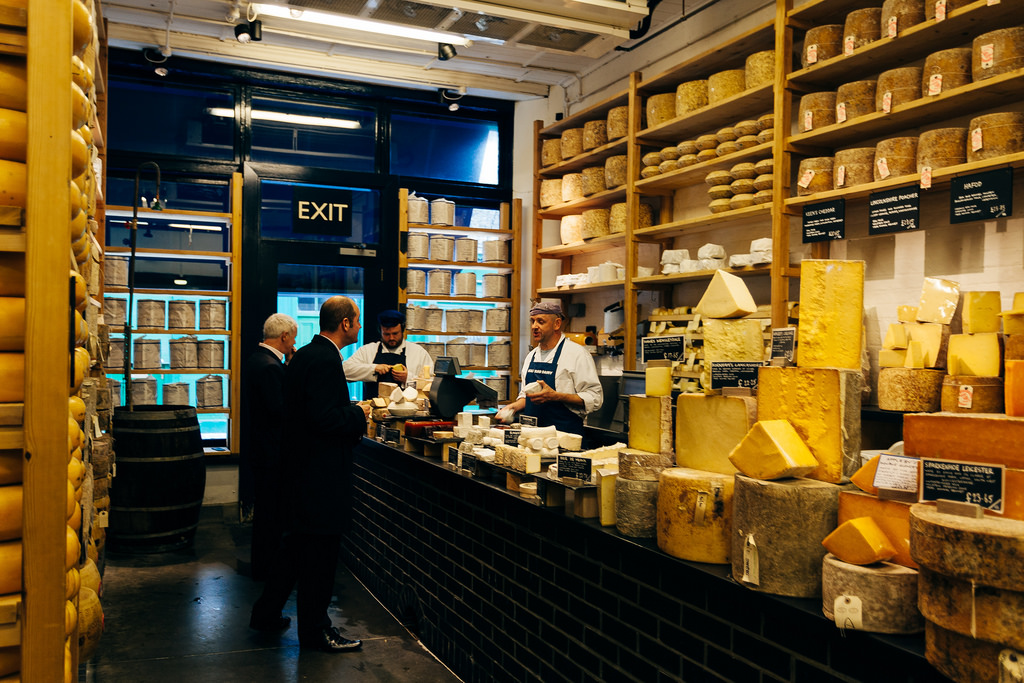 Inside the Borough Market shop, notice the wheels of cheese on the walls, those are real cheese and are slowly maturing until one day they sit on the slate counter for sale