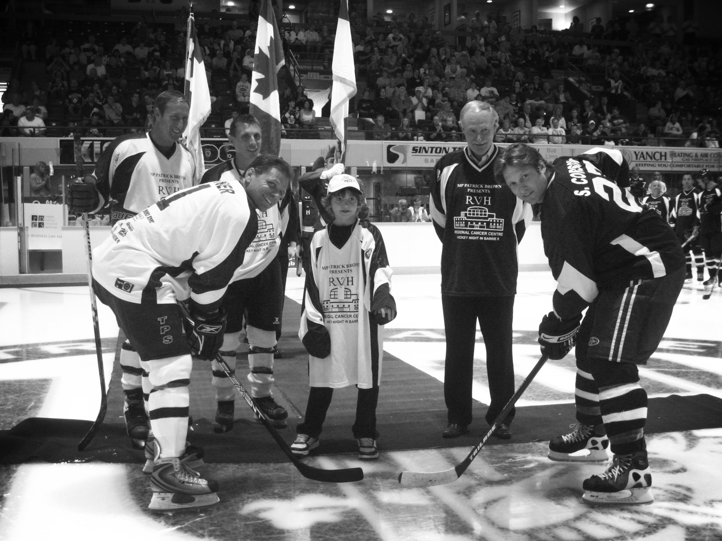 Barrie Ball Hockey Club youth dropping puck before Hockey Night in Barrie