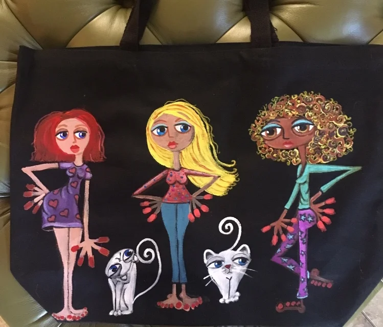 girls with cats hand painted bag