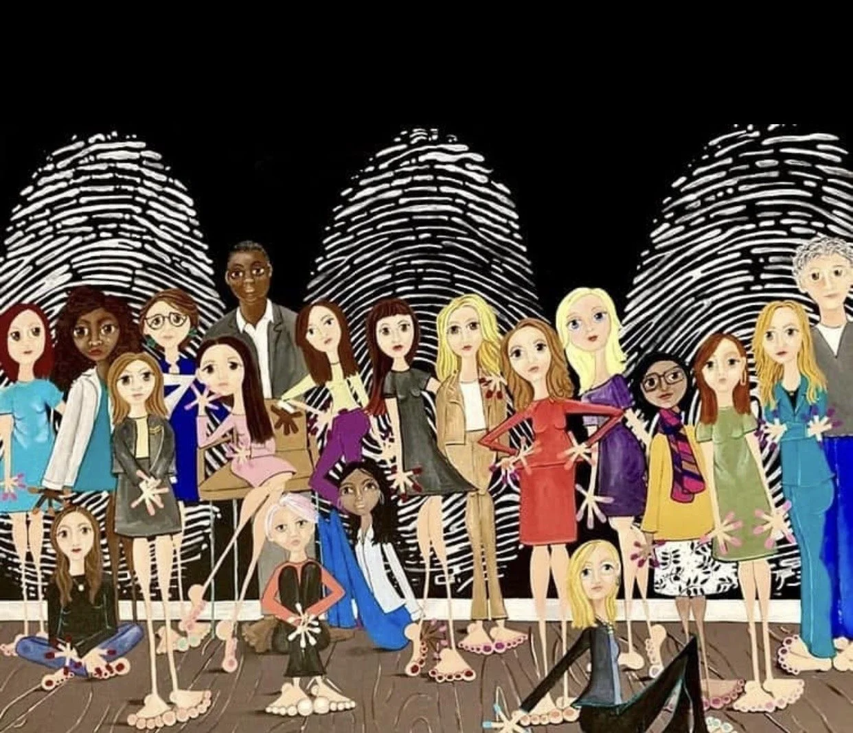 Corporate commissions by Juliet Gilden featuring leading women in cybersecurity against large fingerprint patterns.