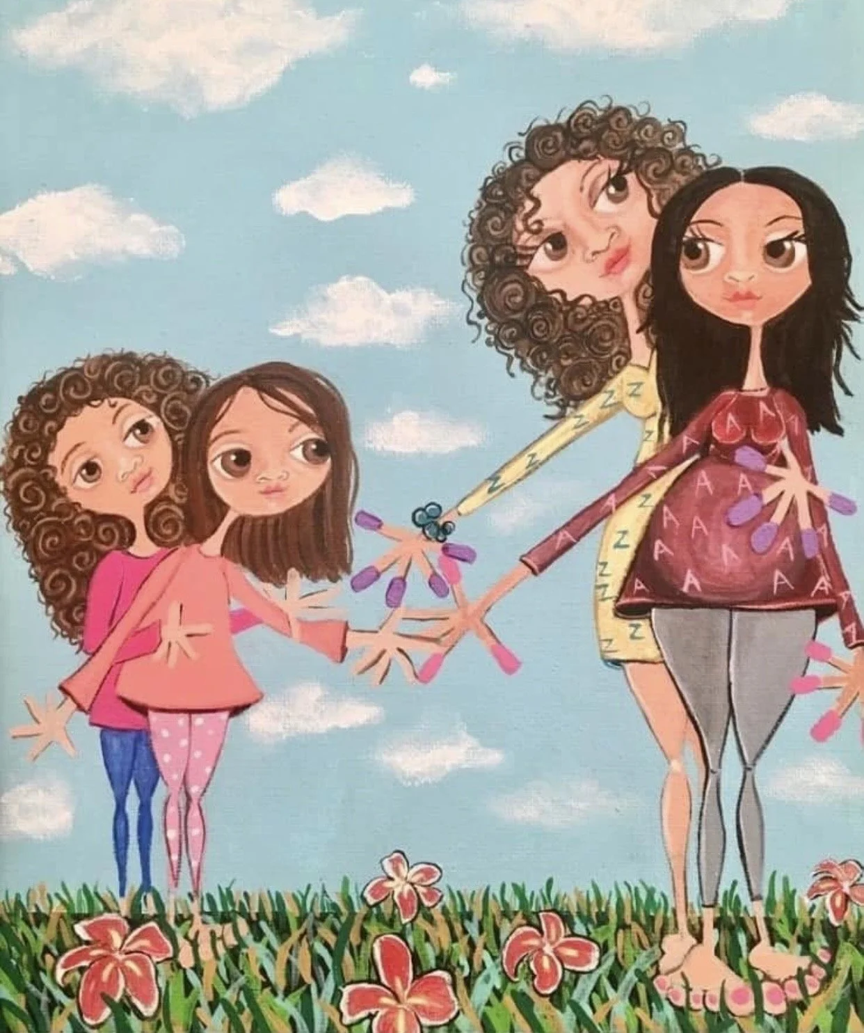 personal family commissions by Juliet Gilden showing two young girls reaching towards their mothers and best friends beneath a blue sky.