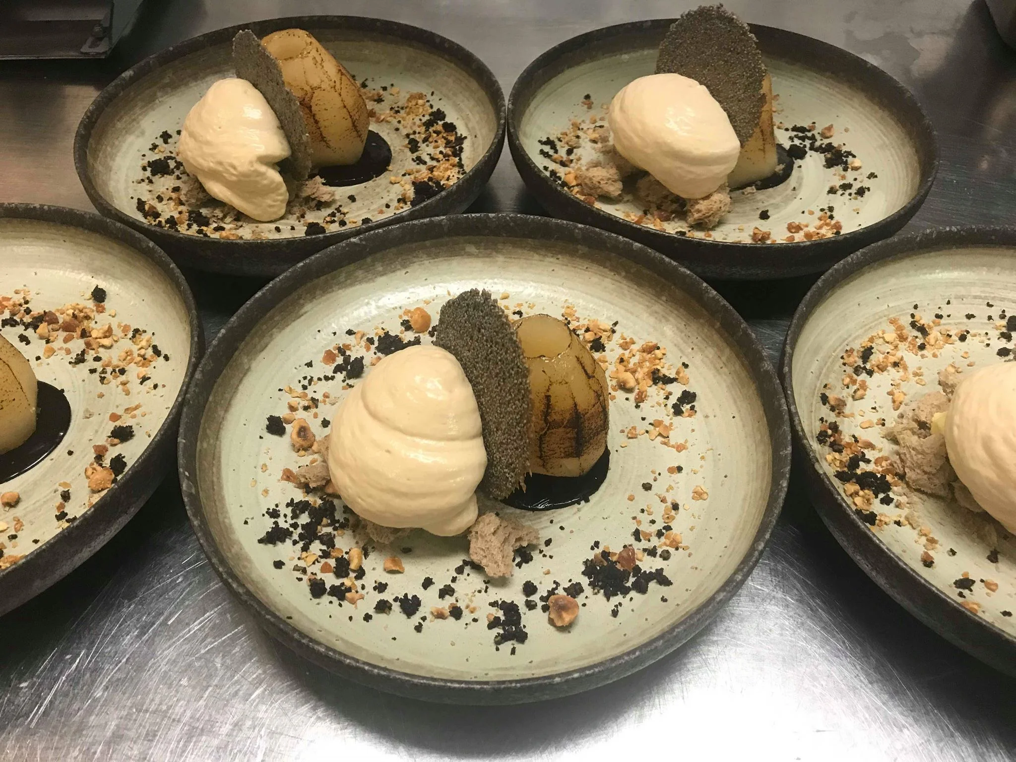 Sous vide pears, dehydrated coffee sponge, choco crumb, hazelnuts, poppy crisp, espresso foam & homemade passionfruit sorbet (hidden under the foam)