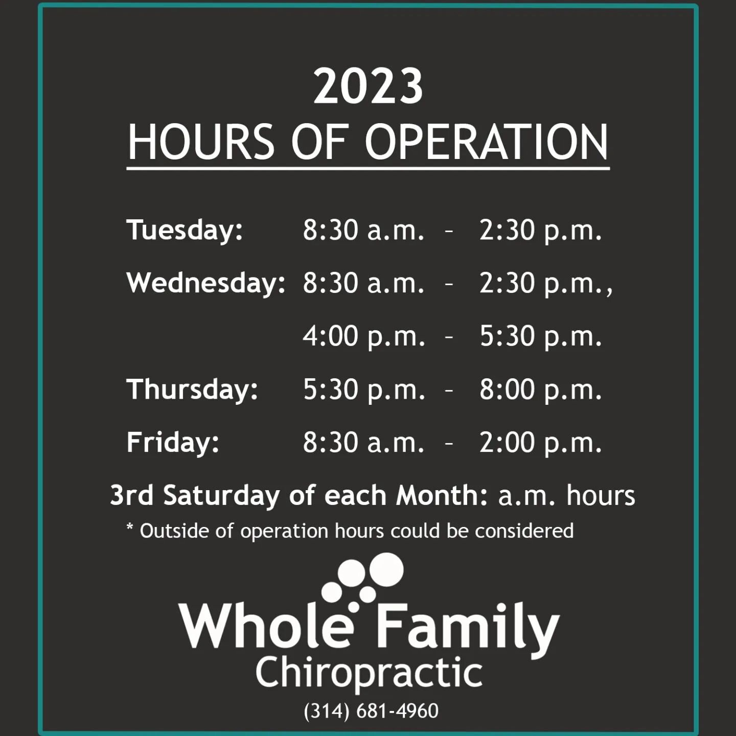 2023 Hours of Operation 
Schedule your appointment today. 
(314) 681-4960

#chiropractic #chiro #chiropracticadjustment #chiropractor #hoursofoperation #wellness #health