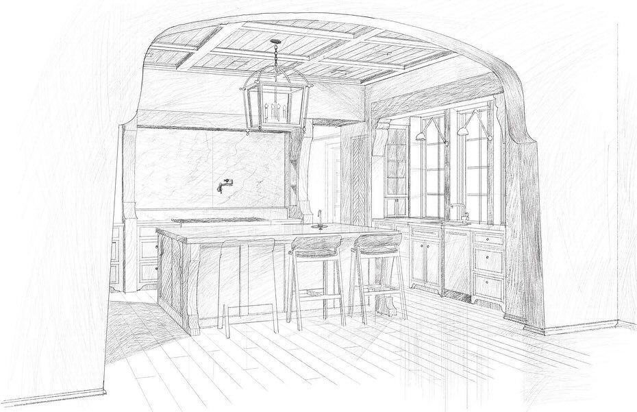 Kitchen sketch with bonus finished kitchen (iPhone) photo! Pretty close. #kitchendesign 
Architecture: @carlislemoorearchitects 
Interiors: @sumnertstarling 
Construction: @davisconstructionservices

&darr; 
&darr;
&darr;
#architect #TraditionalDesig