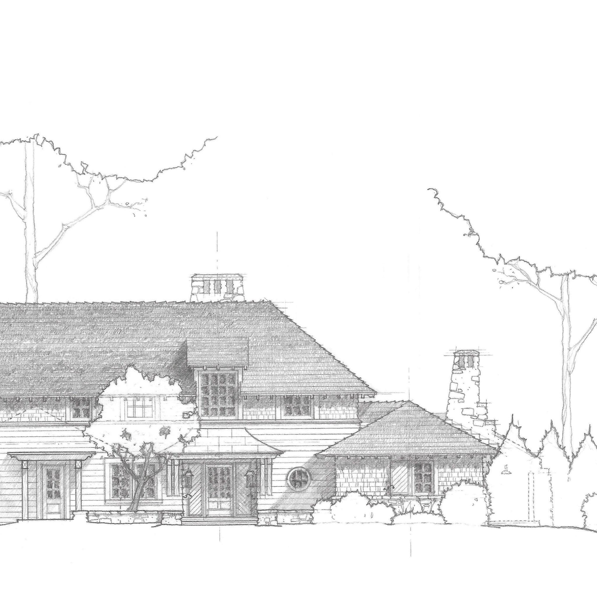 On the boards at Lake Martin.  Preliminary sketch of the parking court elevation. 
.
.
.
#architecture #lakehouse #handdrawn #drawing #pencilsketch #lakemartin #residentialdesign #home #familyhome #traditionaldesign #woodroof #carlislemoorearchitects