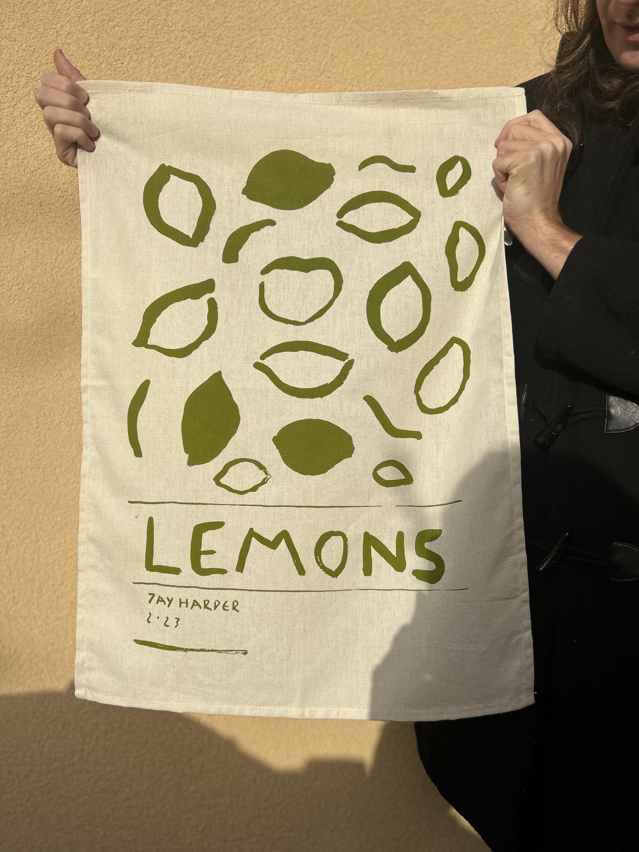  LEMONS  100% Cotton Screen Printed Tea Towel  Olive Green  2023   