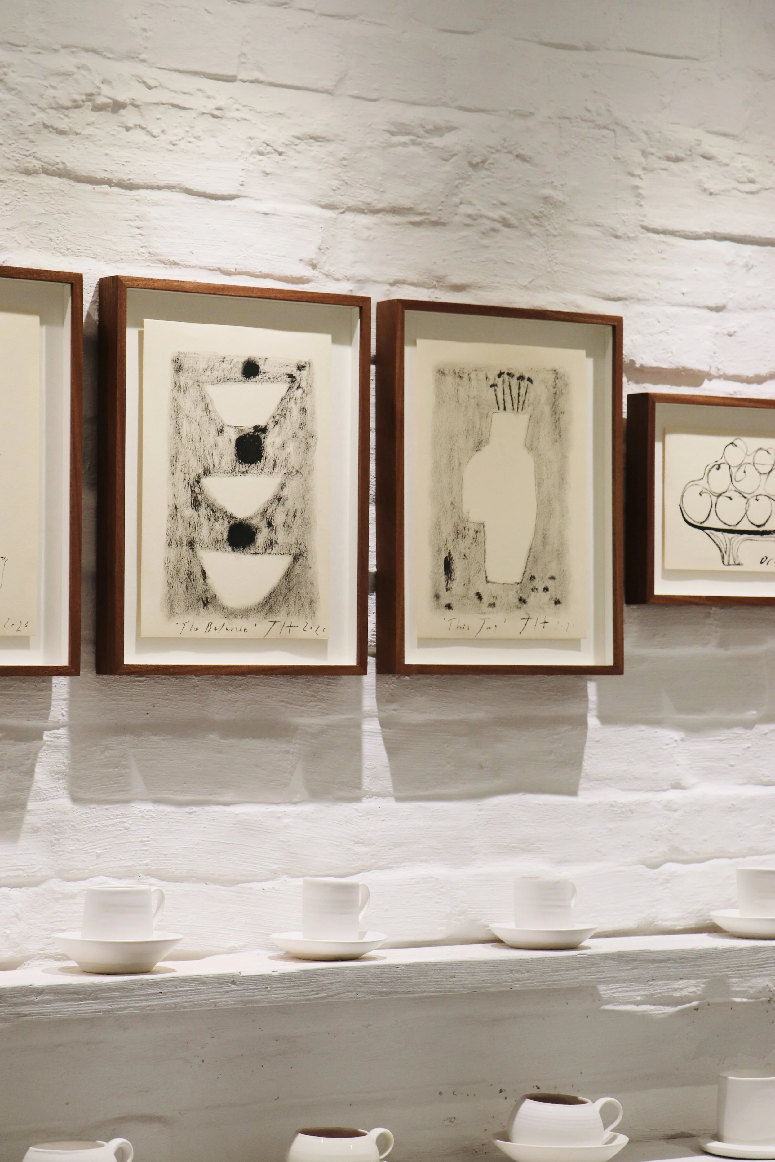  Ink drawings on paper, 2026  MORGANS Show No.2  Sapele float mount frames by Joshua Smith Framing  Ceramics by Wendy Wilbraham  Photographed by Martha Holmes 