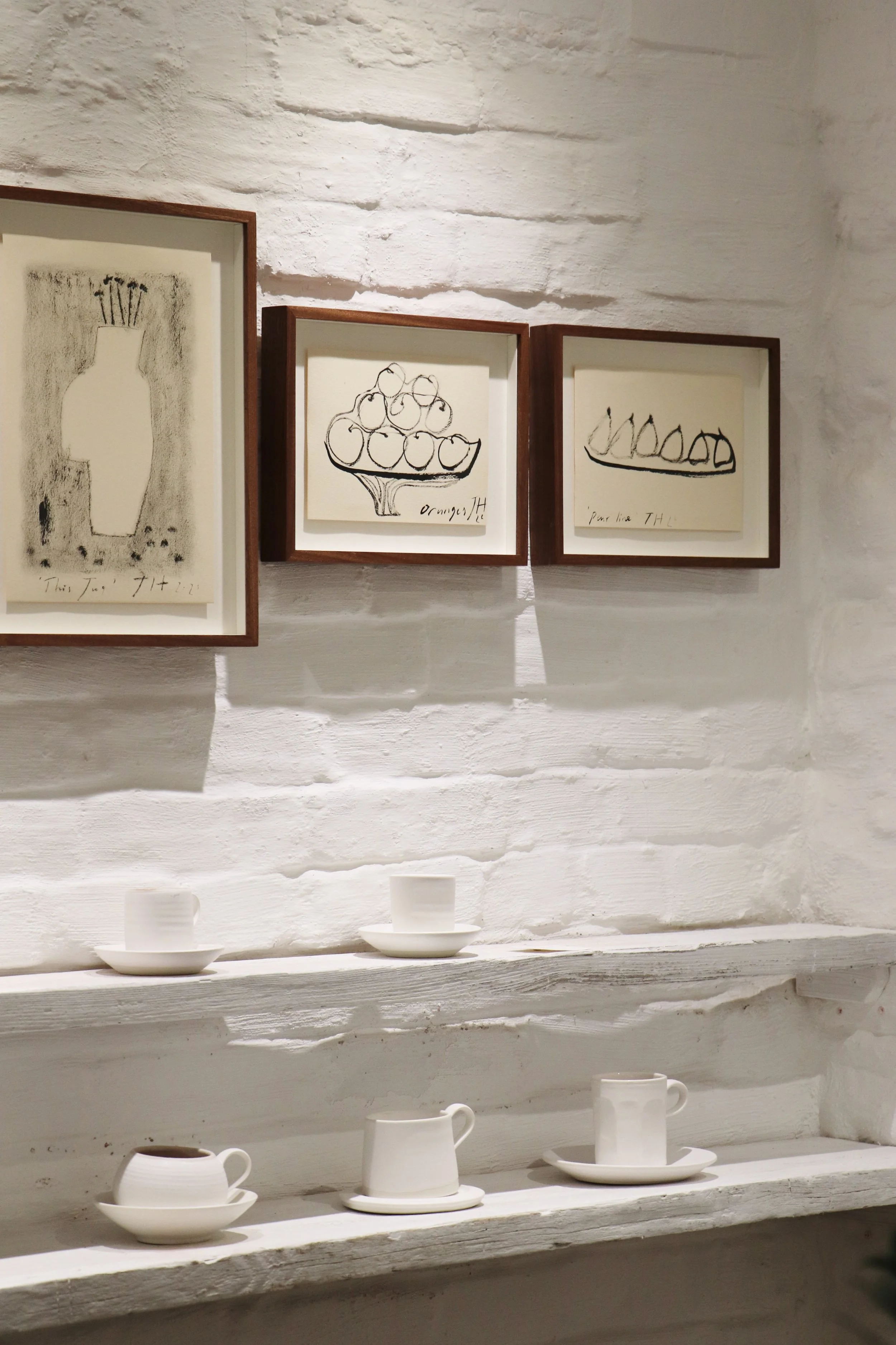  Ink drawings on paper, 2026  MORGANS Show No.2  Sapele float mount frames by Joshua Smith Framing  Ceramics by Wendy Wilbraham  Photographed by Martha Holmes 