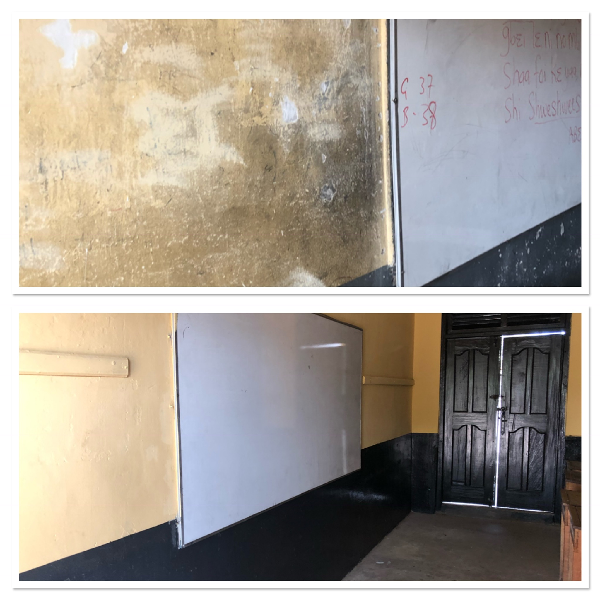  Before and after comparison of a classroom wall.  