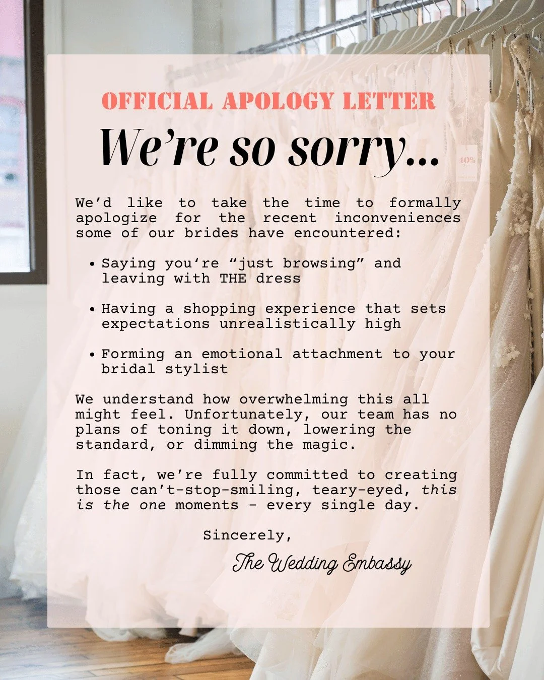 Sorry, not sorry! 😜

If you're ready to risk finding your dream dress.. 
you know where to find us! ✨

#AprilFoolsDay #CTbridalshop #weddingdresshopping #2027brides #bridalhumor