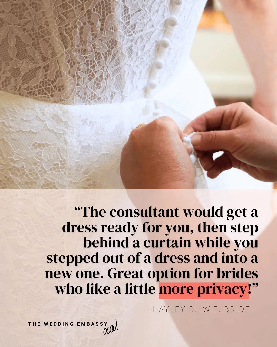 If your shopping appointment doesn&rsquo;t feel like this, we&rsquo;d love to change that!

From privacy, fans, and mirrors in our dressing rooms, to snacks and drinks to keep you hydrated (and not hangry). We love making every bride feel comfortable