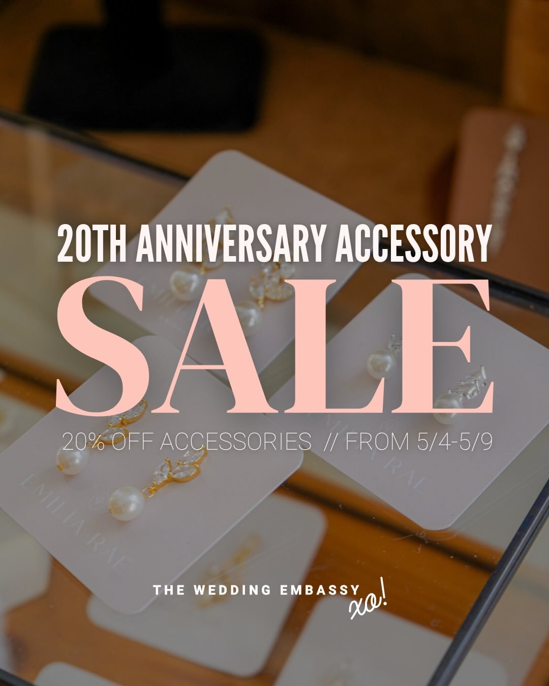 Our 20th Anniversary Accessory Sale starts now! 🎉

All week long, 5/4 - 5/9, mention this post to enjoy 20% OFF accessories, including veils, hair pieces, and jewelry. 

Because you deserve a little extra sparkle on your big day! ✨

*Sale excludes o