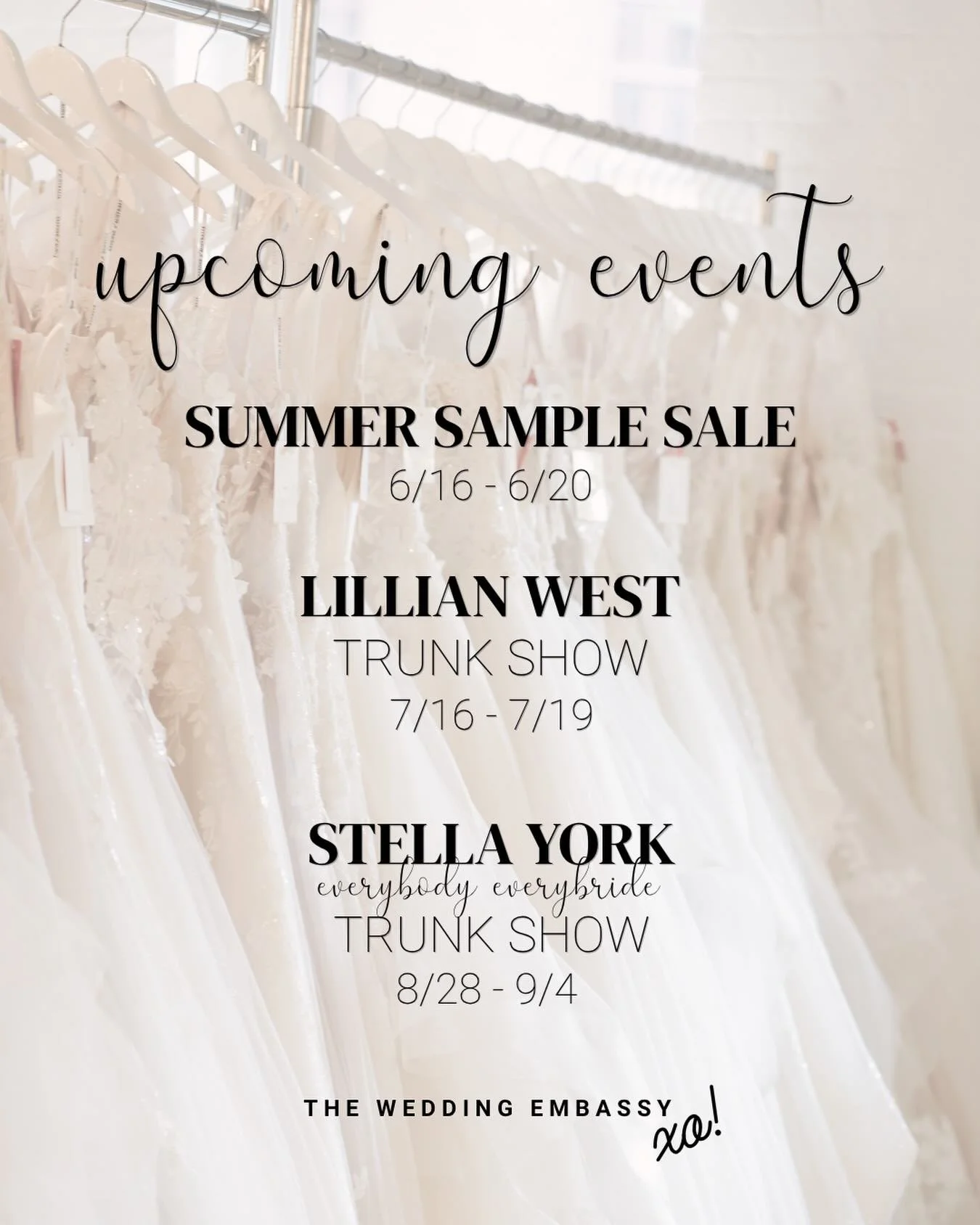 W.E. are hosting so many exciting events for brides to shop this summer! ✨

Don&rsquo;t know which one you should attend? Check out the details below!

🤍 Summer Sample Sale | 6/16-6/20
Short timeline, budget conscious, or just looking for a great de