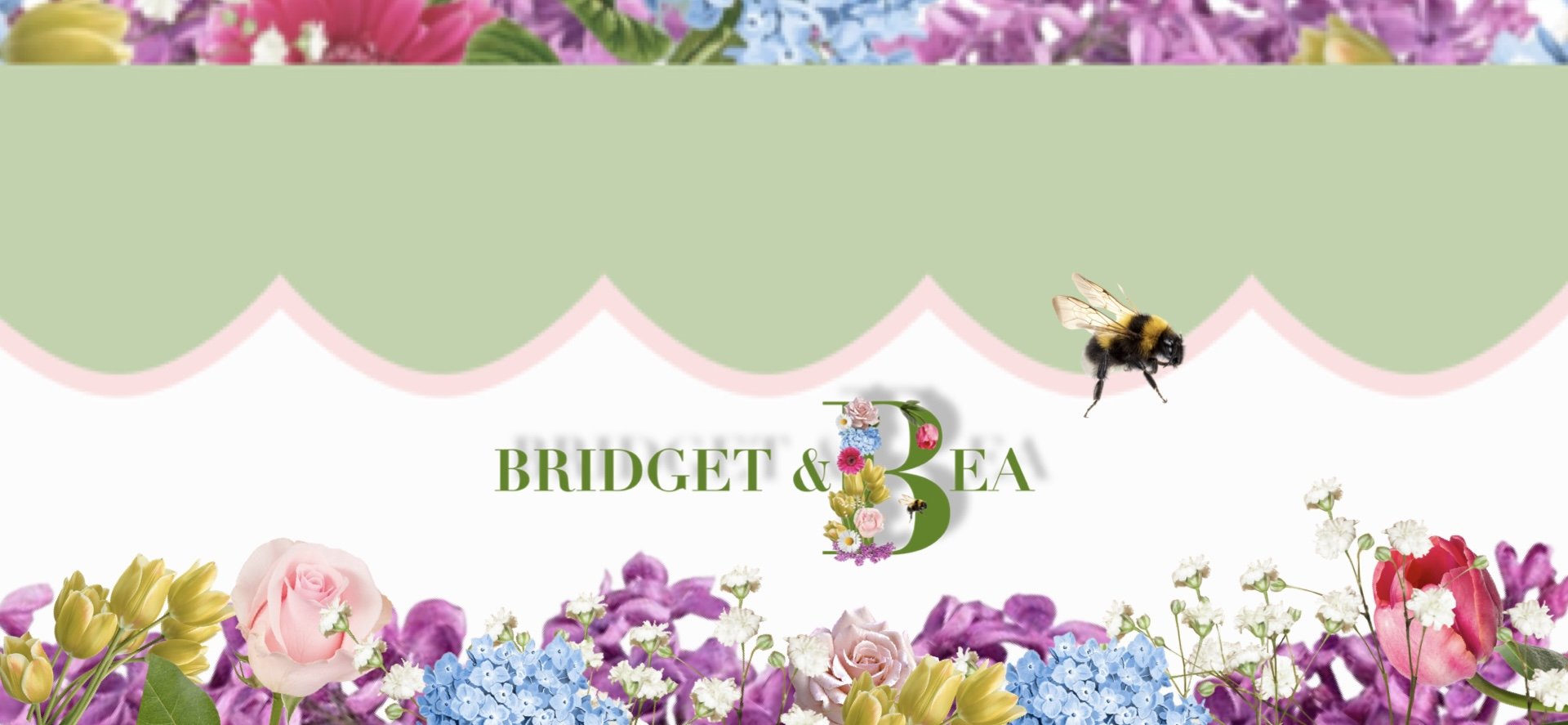 Flowers with pink, purple, blue, and yellow blooms and a bee flying near the center, with text 'Bridget & Bea' decorated with flowers.