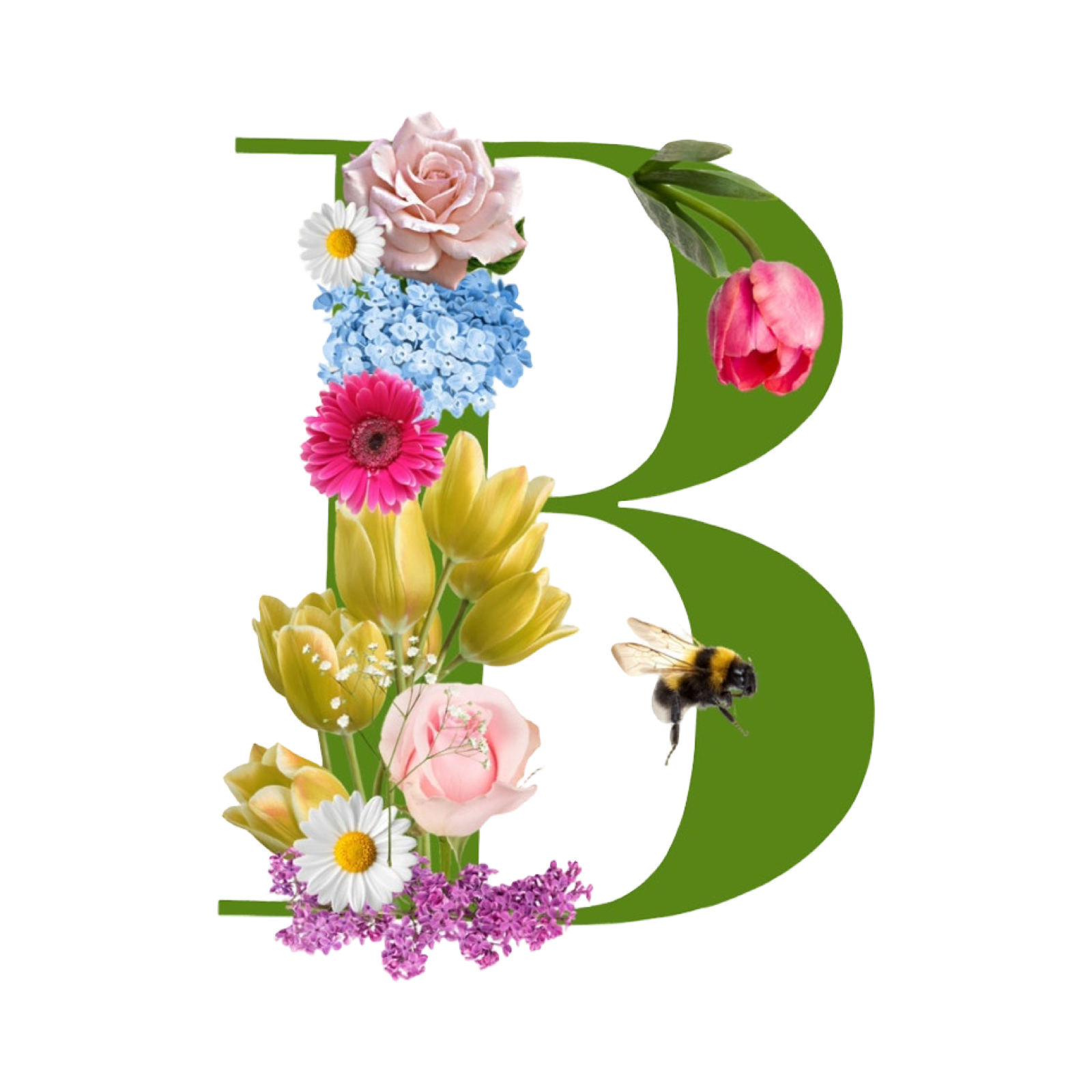 Letter B decorated with colorful flowers and a bee.