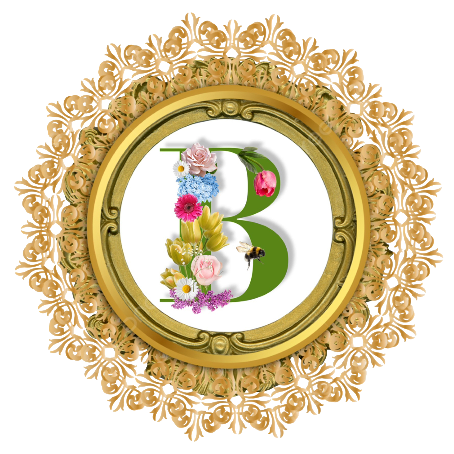 Gold ornate frame with a white center featuring a large green letter B decorated with various flowers and a bee.