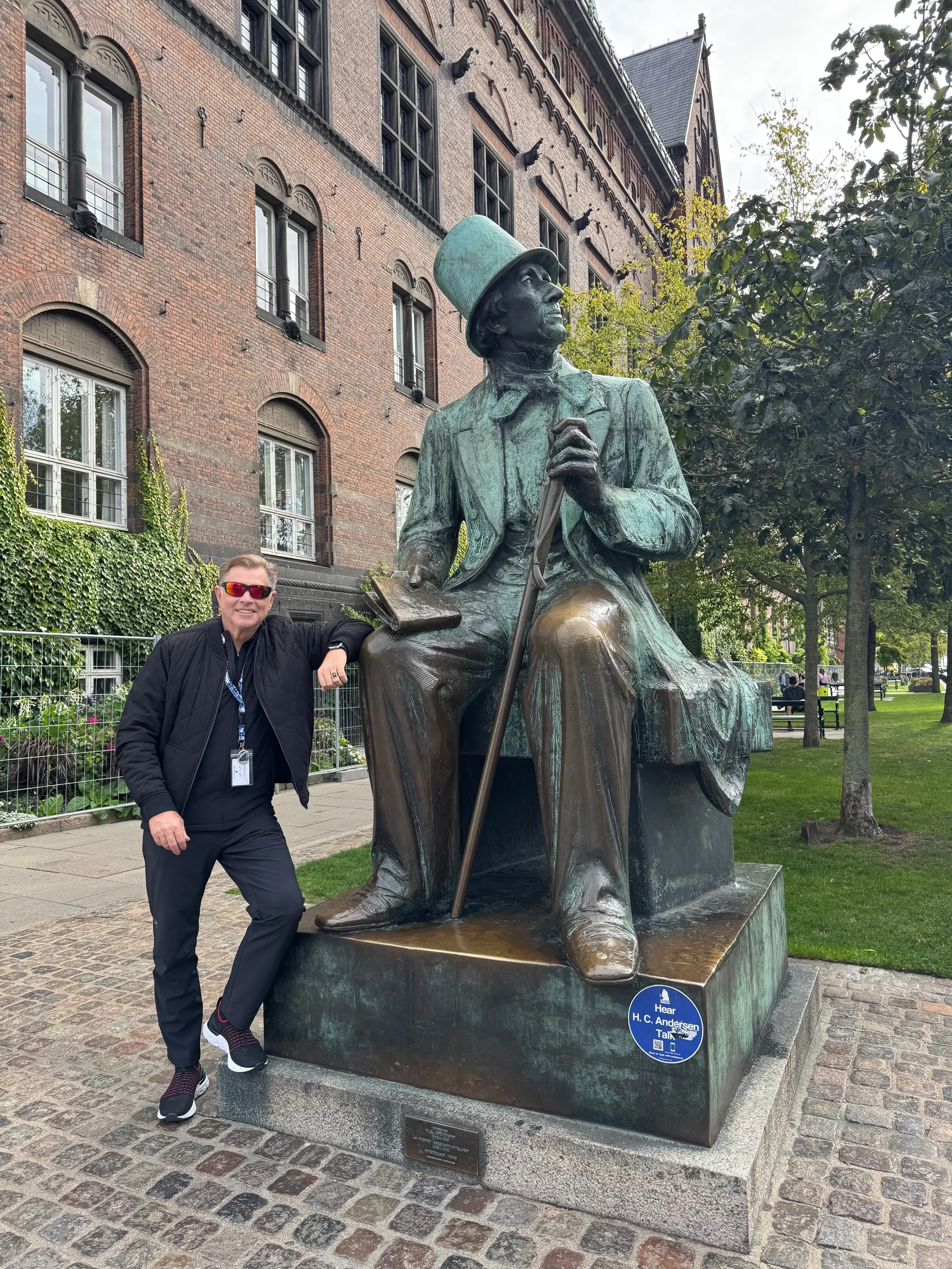 Hans Christian Anderson statue, looking toward Tivoli Garden, Copenhagen, Denmark.