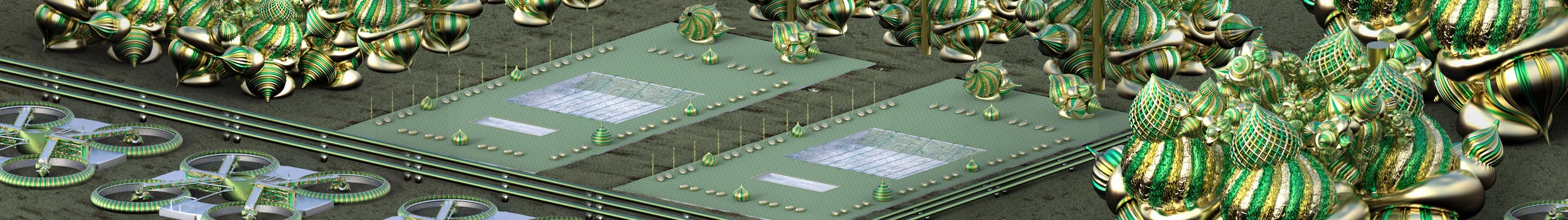 Axonometric Projection Site View 01; A constellation of public sewage, pool, water plant, and landscape park.