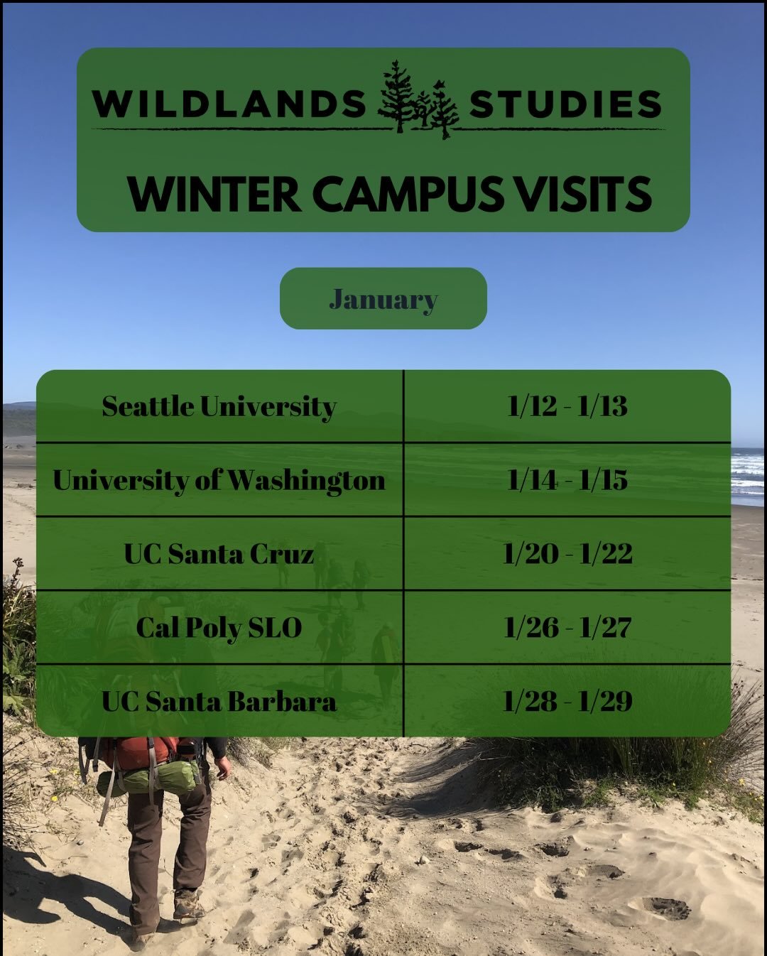 With Winter classes back in session, our Field Studies Advisor Miles Rohrer is traveling to universities up and down the West Coast!

Info sessions will be held at each school, which are great opportunities to learn more about our programs and the pr