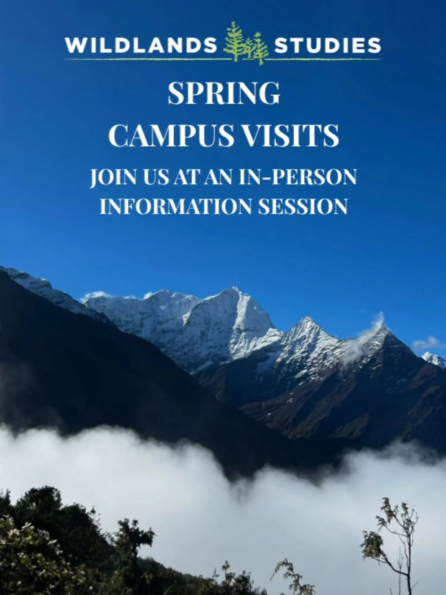 Wildlands is back for campus visits!

Our Field Studies Advisor, Miles Rohrer, will be visiting each of these campuses for two days and hosting an Information Session on the second day of each visit.

Stay tuned for our updates and keep an eye out fo