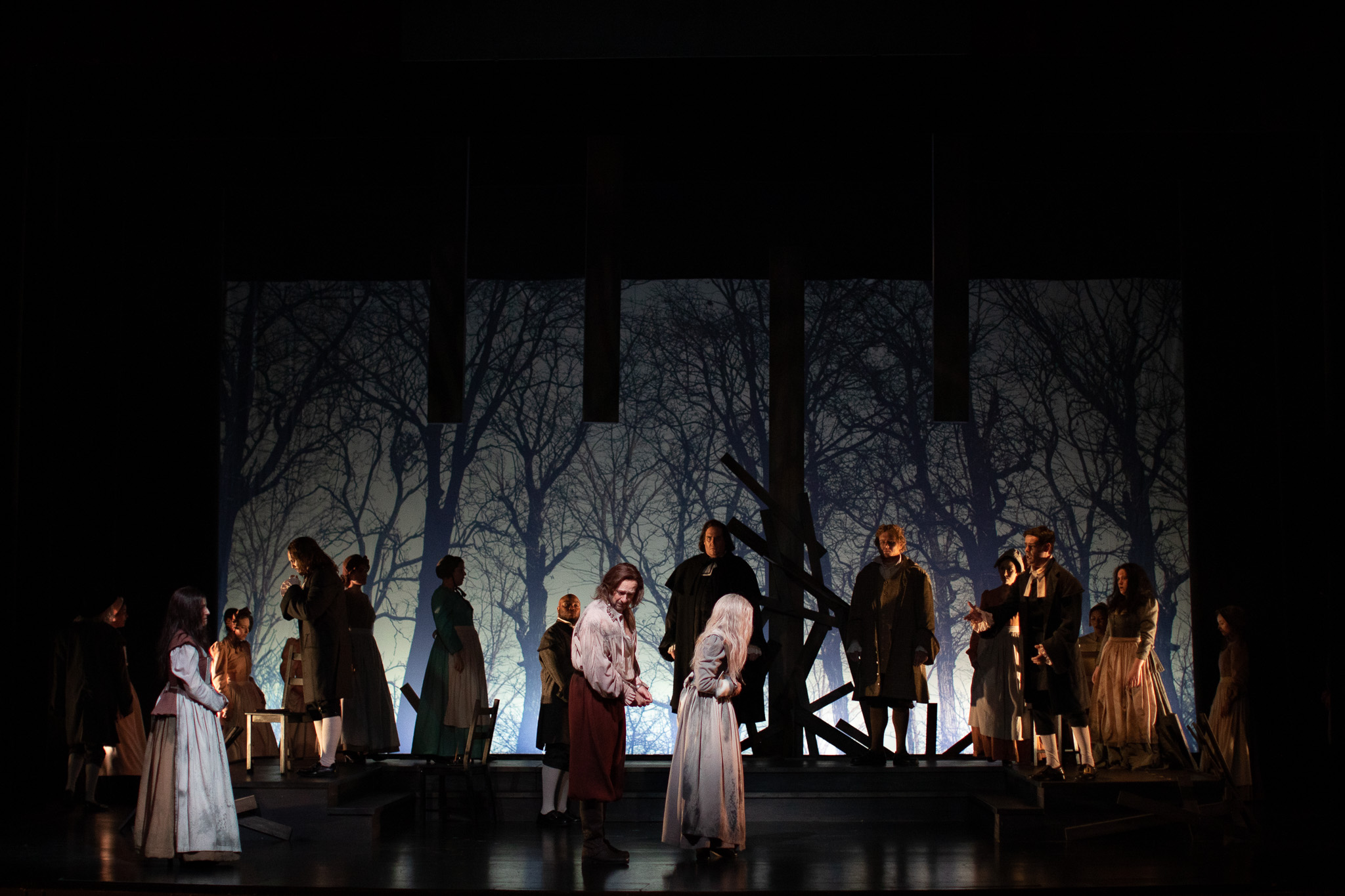Sarah Good in Opera Santa Barbara’s production of The Crucible , 2019. Photo by Zachary Mendez. Set—Steven C. Kemp; Costumes—Stacie Logue; Hair and make up—Heather Sterling