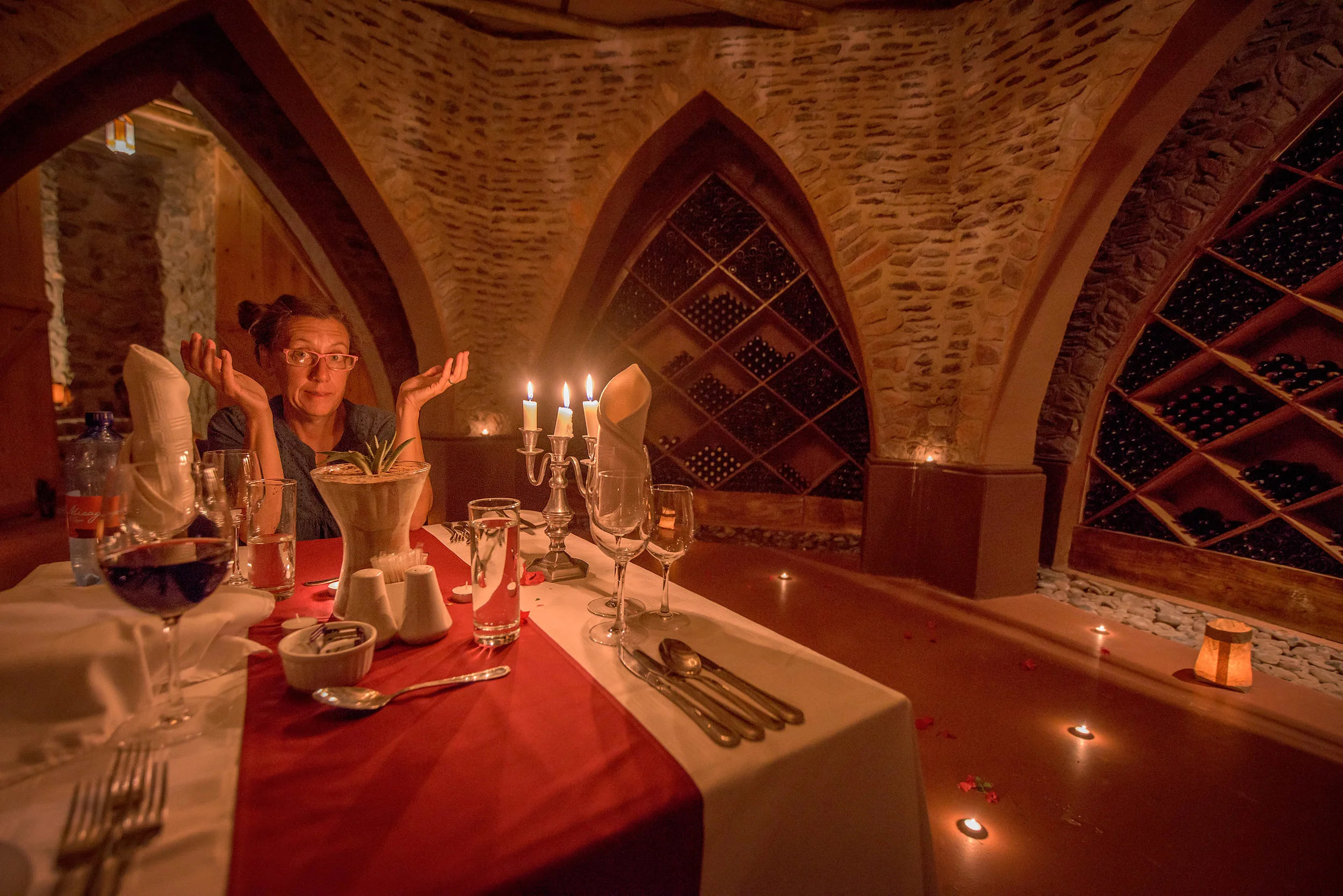 A romantic dinner for two in the wine cellar. Hmm. Could we, uh, ... perhaps borrow a corkscrew?