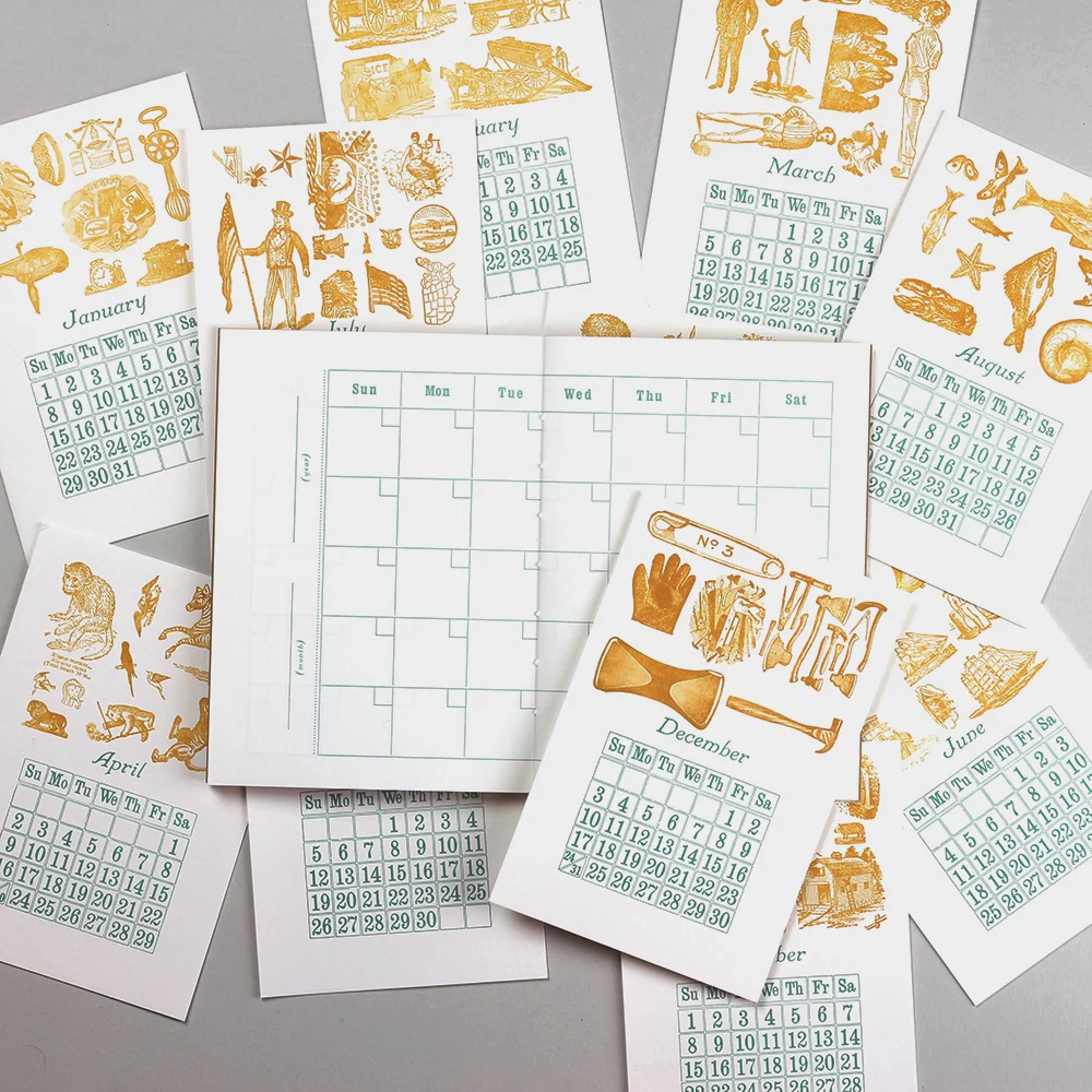 Reusable monthly calendar; letterpress printed, hand bound, includes 12 illustrated letterpress postcards