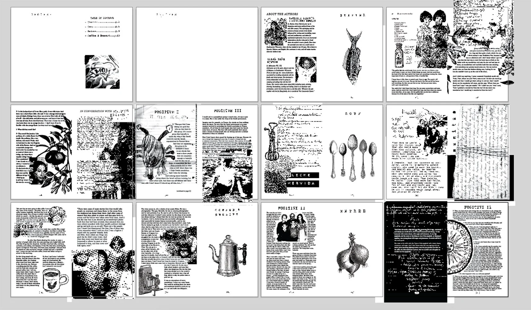 Complete layout of all the pages included in the cookbook. Recipes were mashed together with funny, nostalgic, and sometimes disturbing memories of food such as matzoh balls, chocolate, mandarin oranges, gefilte fish, and a weird spaghetti casserole…