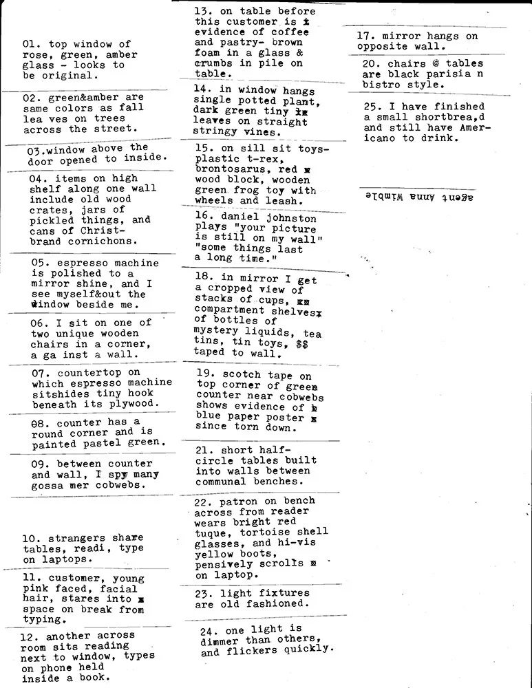 I eventually converted the handwritten notes to typewritten entries so that the book could be more easily reproduced. I then attempted a similar exercise where I took down 25 observations in one coffee shop on College and Gladstone. I enjoyed seeing…