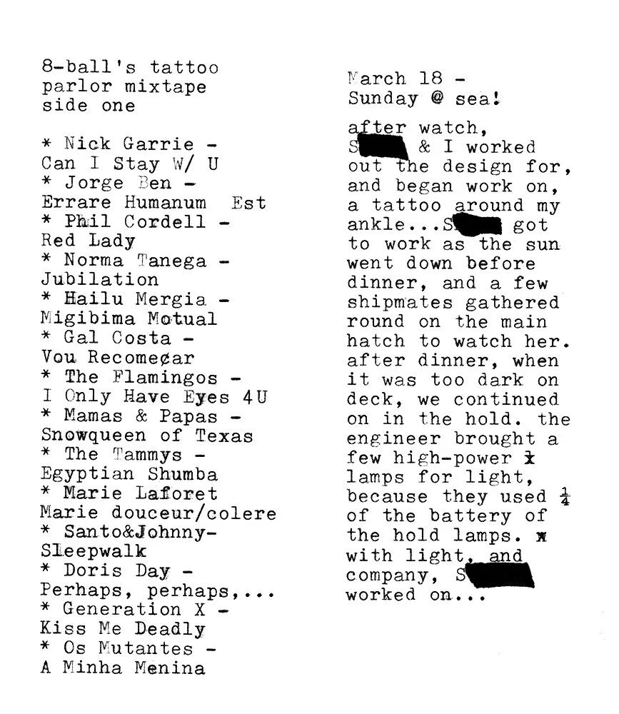 The text of this last dead drop, which was never actually dropped. More of an experiment, this dead drop contains a partial story about getting a hand-poked tattoo on a sailing ship, and the playlist of one of Anna Wimble’s alter-egos (8-ball) who p…