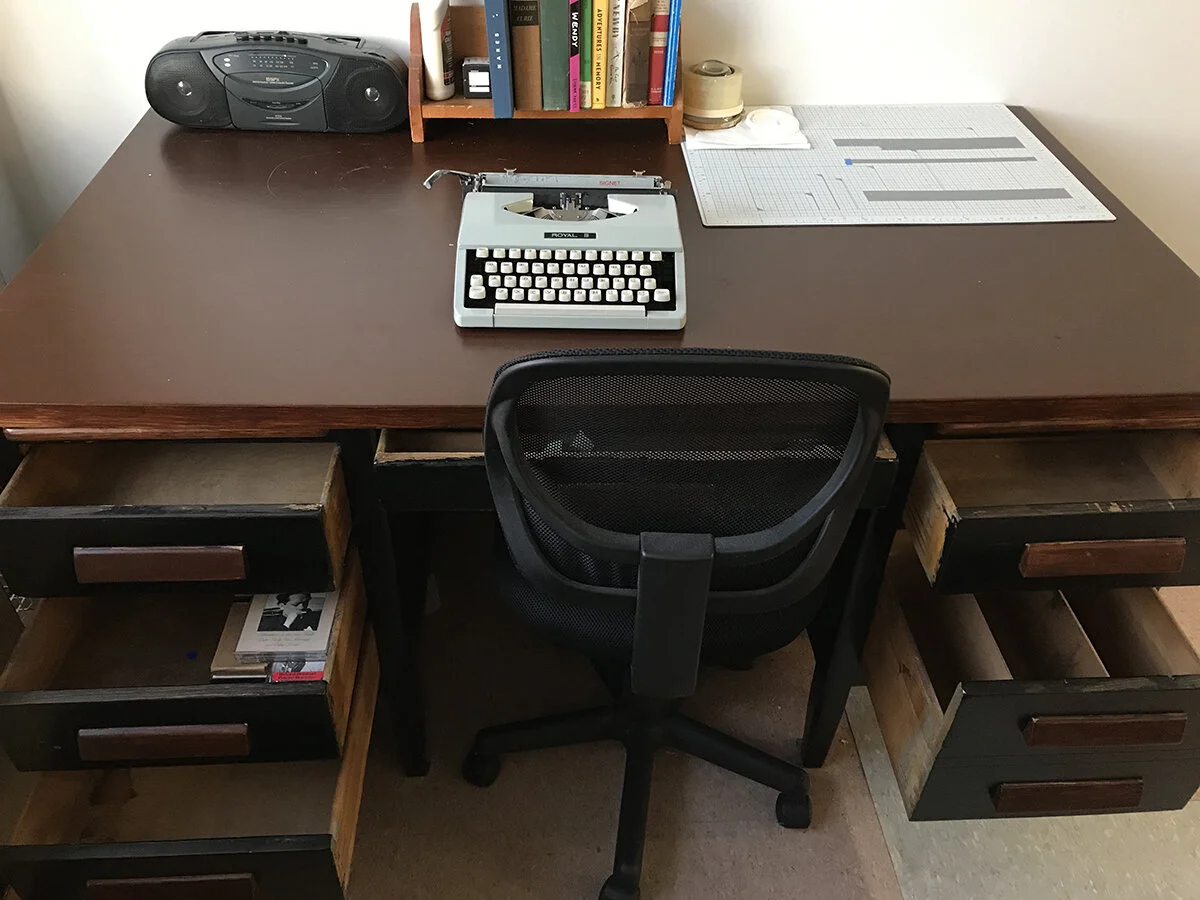 The desk and typewriter I was proposing to use while in the freight elevator. I was able to bring the desk up to the sixth floor studio space in the postage-stamp sized people elevator, so I am positive such a desk would fit in the larger freight el…