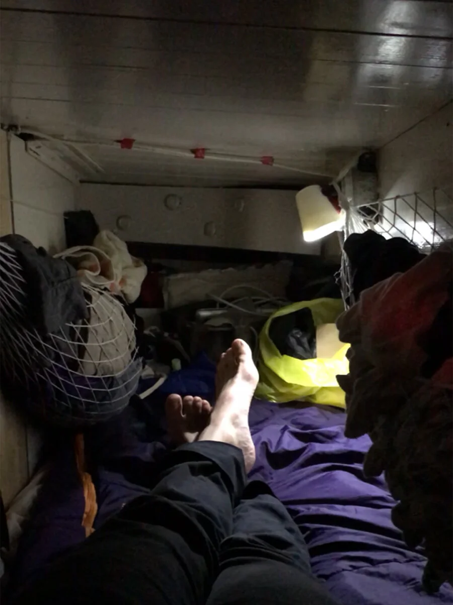 My bunk was narrow, but just enough space for me to store my personal articles and still fit. It was a nice place to work during the day, especially if it was raining (the overhead was not leaky at all yet it was directly below the deck so I could h…