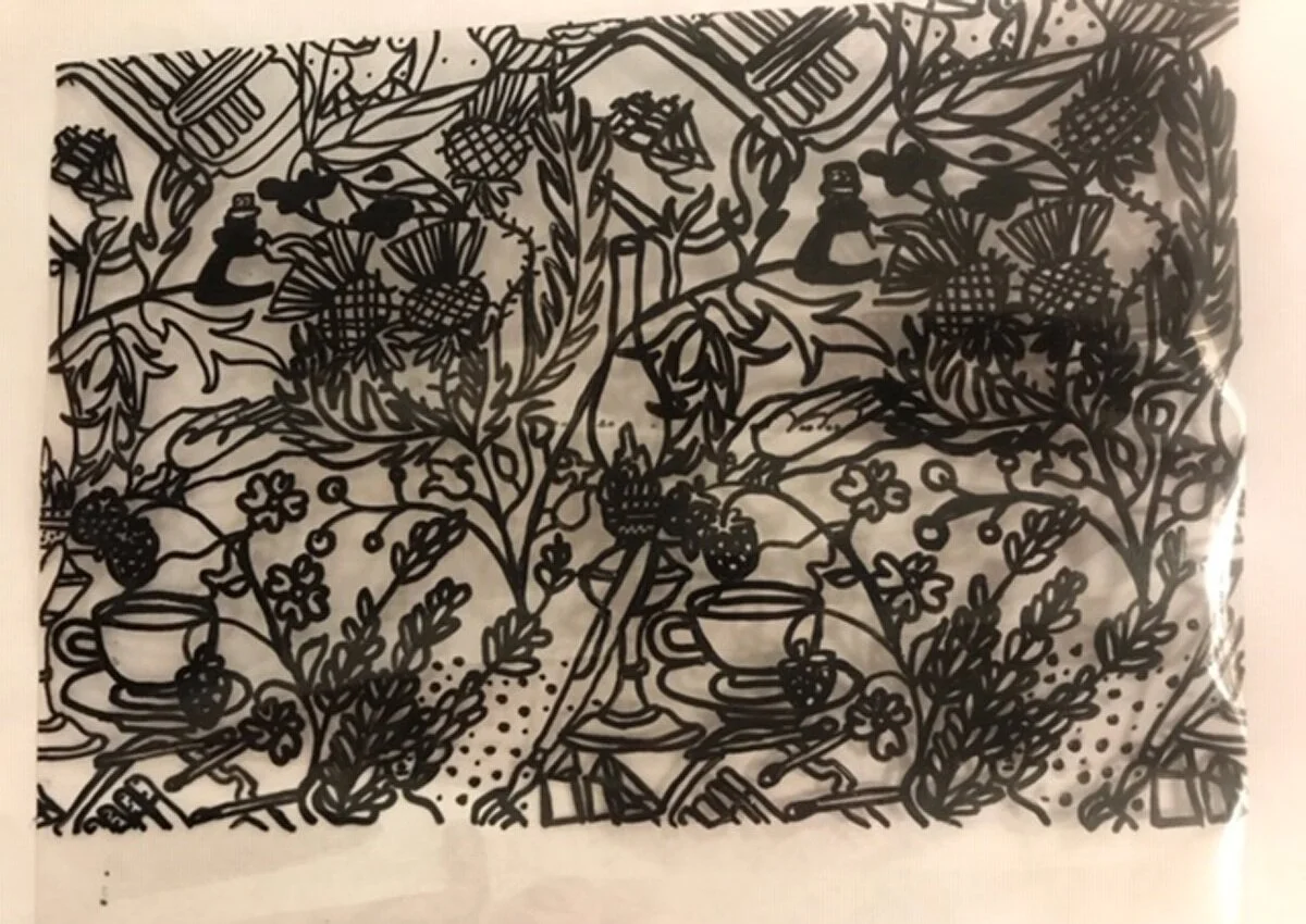 I designed the print knowing it would end up as silkscreen prints, so I purposely made the lines an even black weight. I made an attempt to copy the pattern onto a 9x12” sheet of acetate as a film for the silk screen process, but it was unsuccessful…