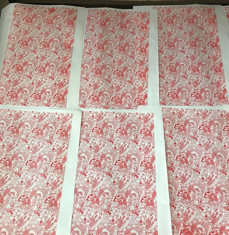 I first printed the repeat on paper. I purchased an 18x24” pad of bond paper, knowing the ultimate goal for these prints would be to wheat paste them on a wall as wallpaper (which works better with thinner paper). I printed about 60 of the 100 sheet…