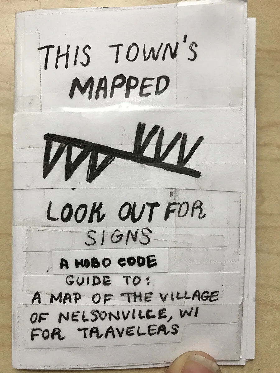 As a guide, I made this old-school simple 8-pager zine from hand written and taped pages which were later scanned. I produced a large edition to stay with the map at the homestead. The symbol and title are also taken from hobo code, an indication to…