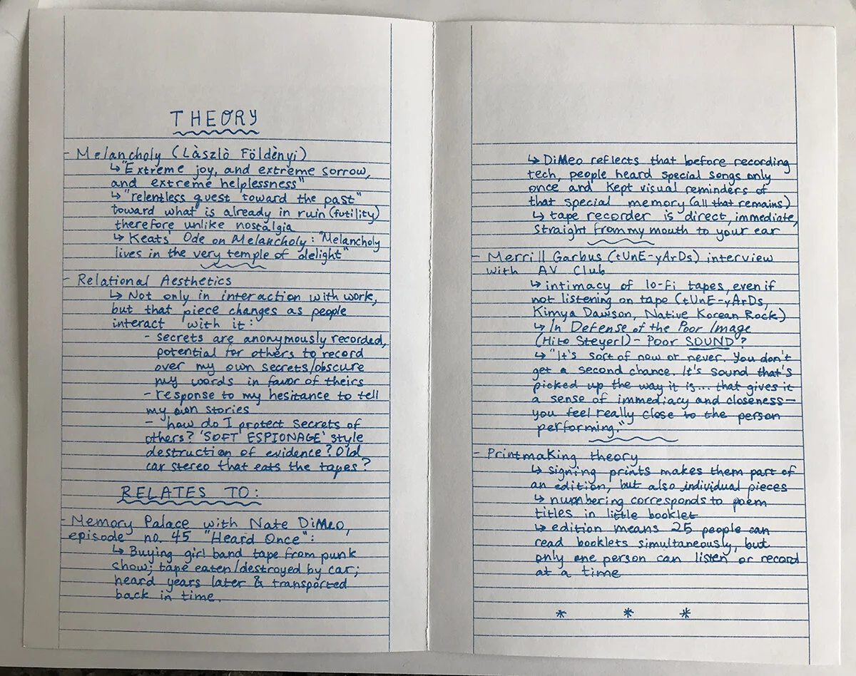 The interior of the catalog shows the conceptual background of this piece. Text was handwritten, added to lined paper, and risograph printed.