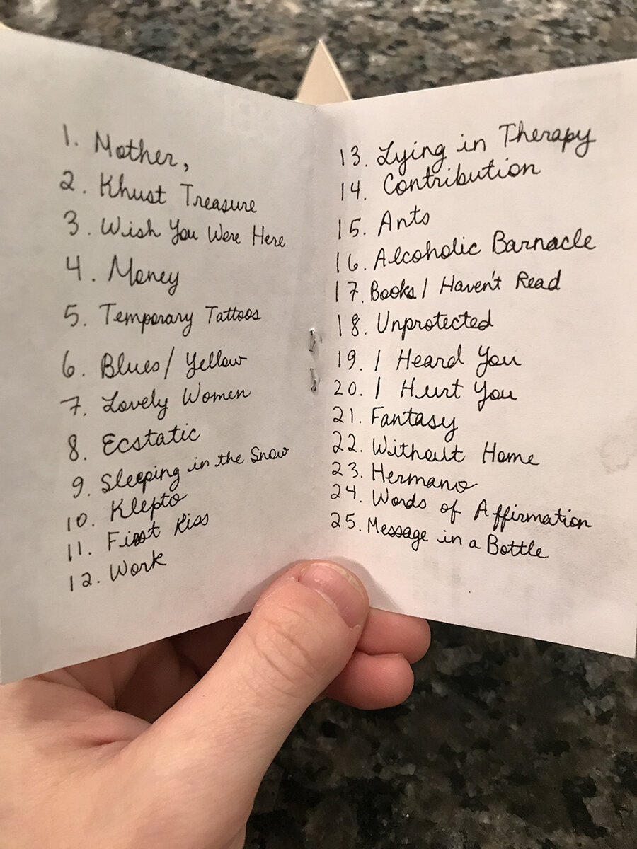 Each number of the edition corresponded to a secret poem on each tape. So in number 11 of the printed edition, a corresponding tape would be found in the case that contained “First Kiss” somewhere on it. I kept track of where on each tape the poems …