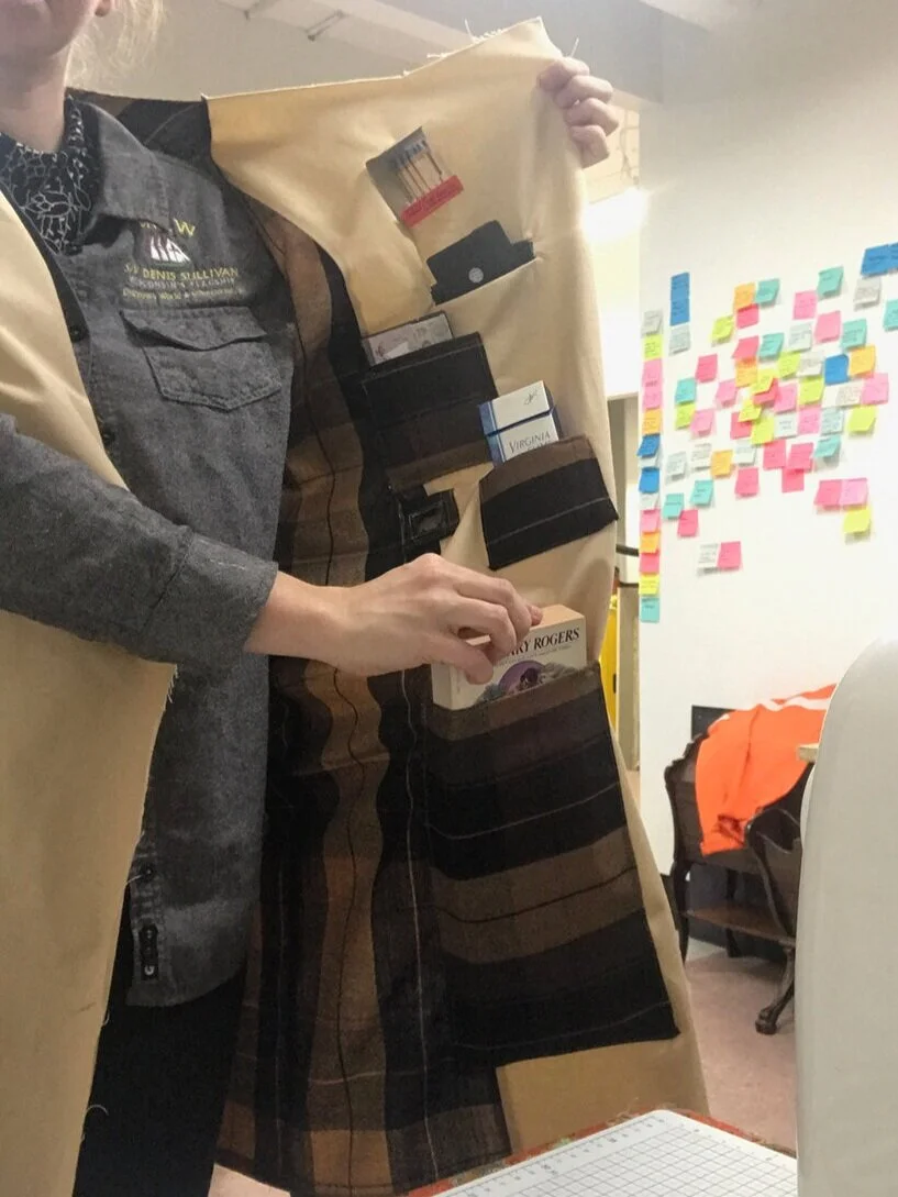 Once the pockets were sewn, I did preliminary tests in the studio, even before sewing the sleeves on. The pockets worked brilliantly!