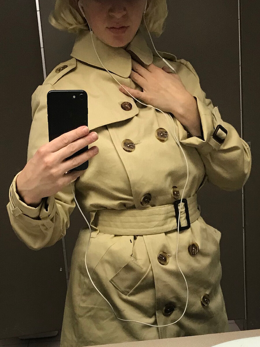 I kept my blonde wig handy in the studio, in case I had to take bathroom mirror selfies like this one. And with the final closures sewn, the coat was done!!