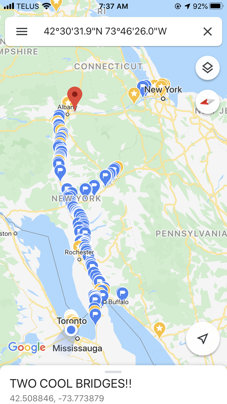 An example of the map I have been keeping. This location is at the sight of two cool bridges. Other observations are less permanent, dependent on the season like an incredibly red tree, or even more fleeting such as flocks of birds or deer spotted n…