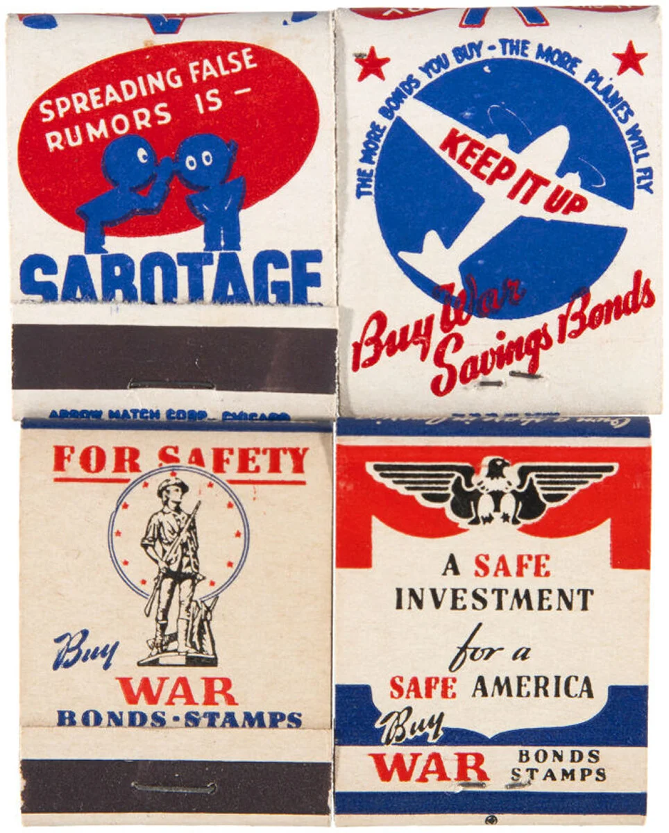 Some incredible examples of WWII era matchbooks for sale online. My favorite of these four is obviously the Sabotage/rumors one. My parents also have a matchbook collection with some interesting specimens (they also collect mini soaps, and my dad wa…