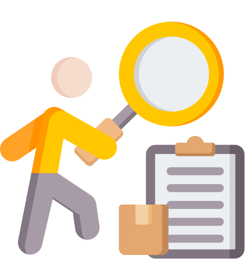 Illustration of a person holding a magnifying glass, analyzing a clipboard with a paper and a box.