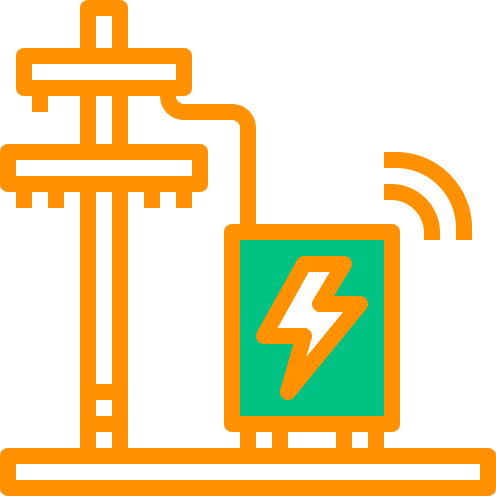An electrical pole with wires and an electric utility box with a lightning bolt symbol.