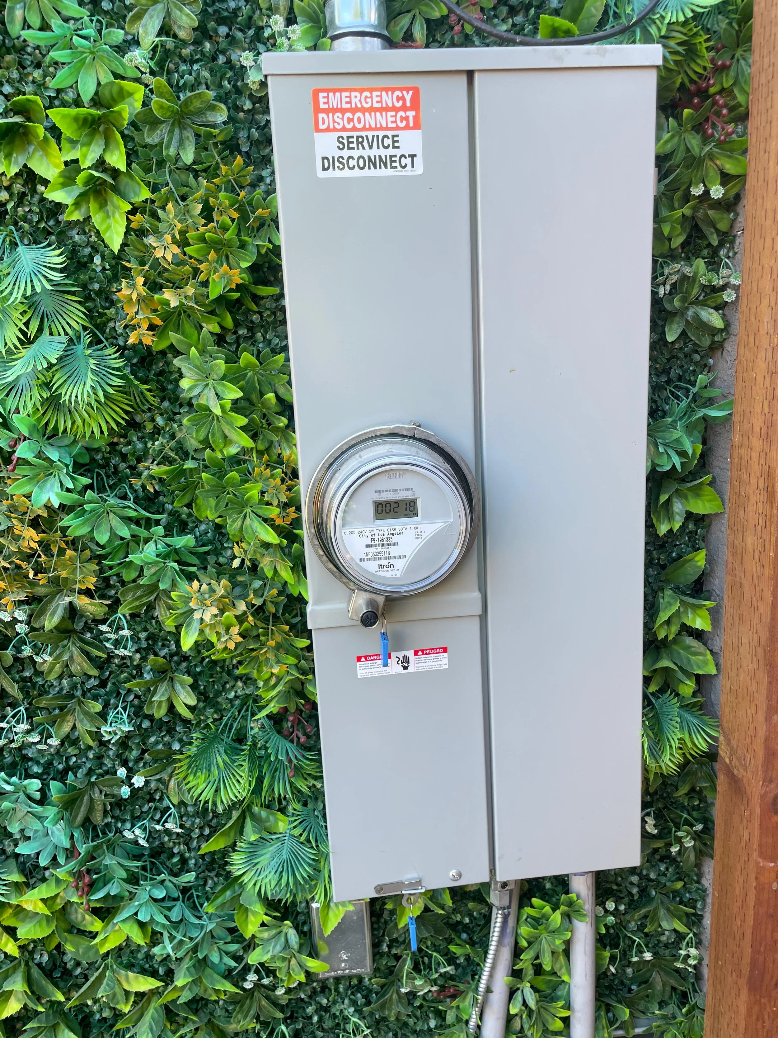 An electrical utility box mounted on a pole surrounded by dense green foliage and plants, with warning labels.