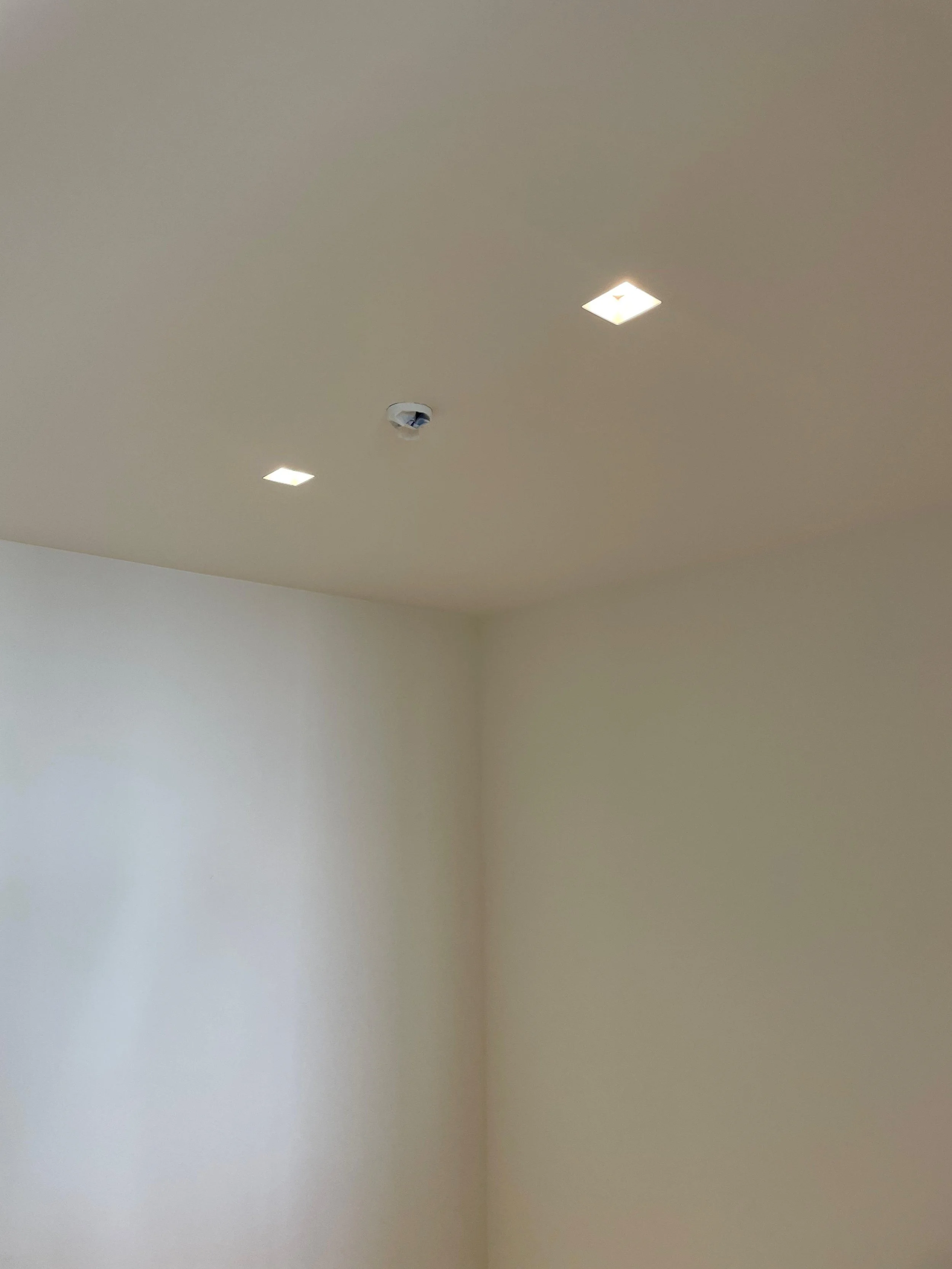 Ceiling with two recessed lights and a smoke detector.