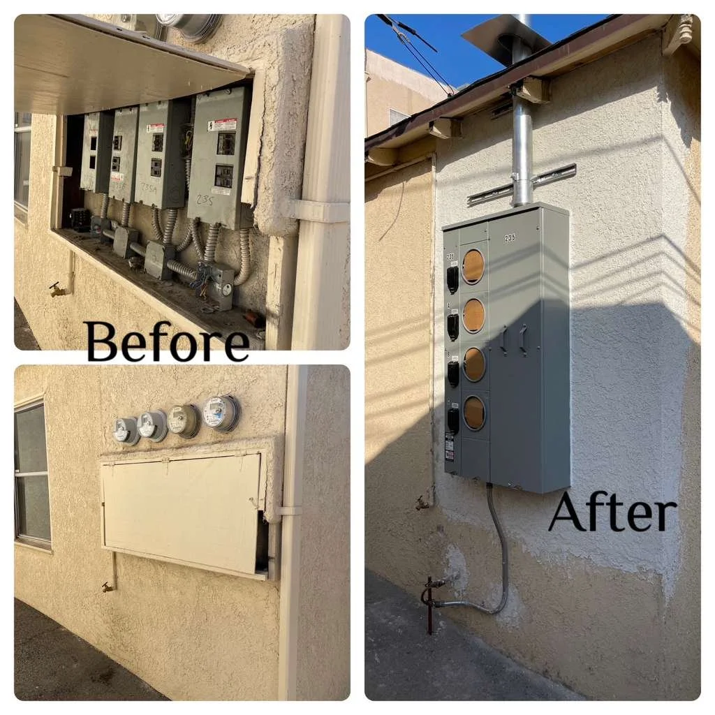 Side-by-side comparison of electrical service meters and distribution panels before and after upgrade; the 'Before' images show older, exposed meters and panels, while the 'After' image shows a modern, covered electrical box with a new meter and cond