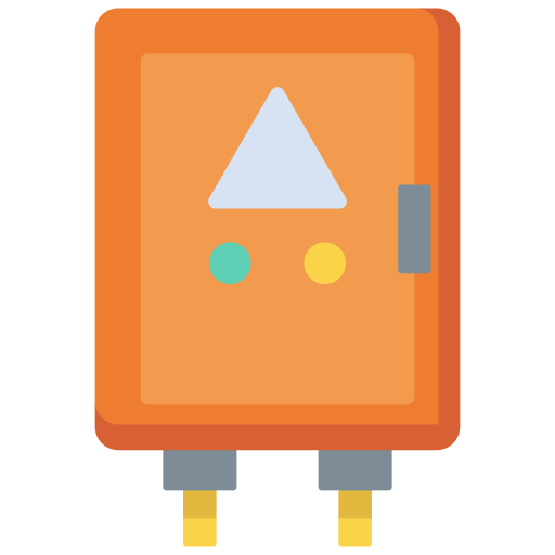 Cartoon depiction of an electrical device with a triangular top, two round buttons (one teal and one yellow), a gray switch or handle, and two yellow and gray wires at the bottom.