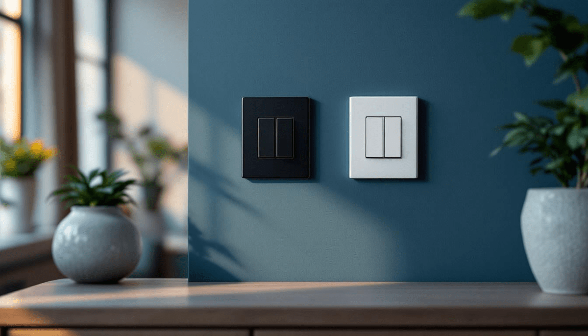 Close-up of two electrical switches on a blue wall, with plants in white pots on a wooden surface nearby.