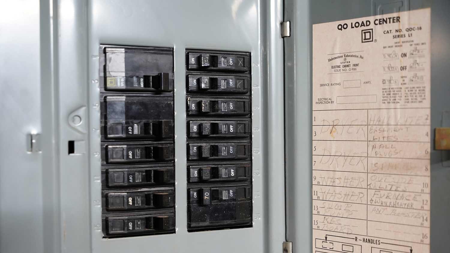 Close-up of an electrical panel with multiple circuit breakers and a label listing the circuits' purposes, such as dryer, washer, lights, outlets, and furnace.